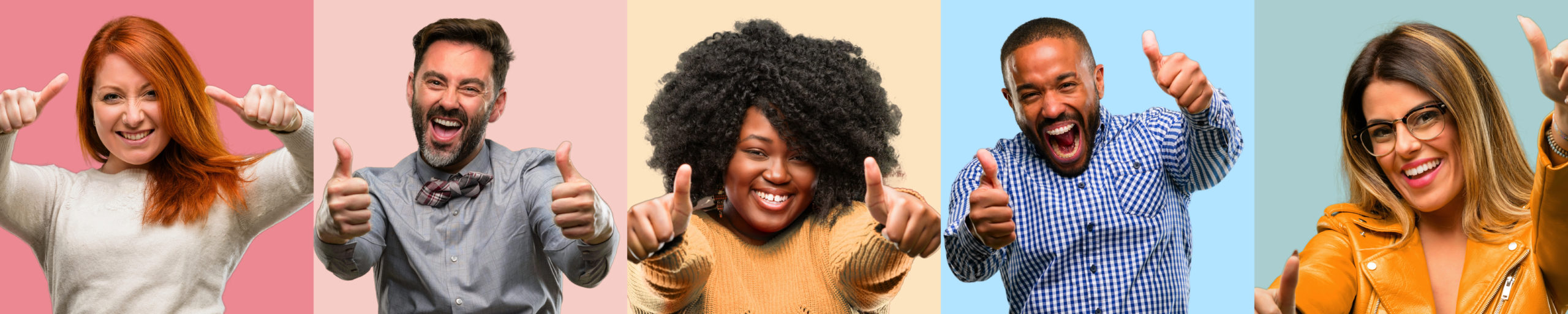 Cool group of people, woman and man stand happy and positive with thumbs up approving with a big smile expressing okay gesture